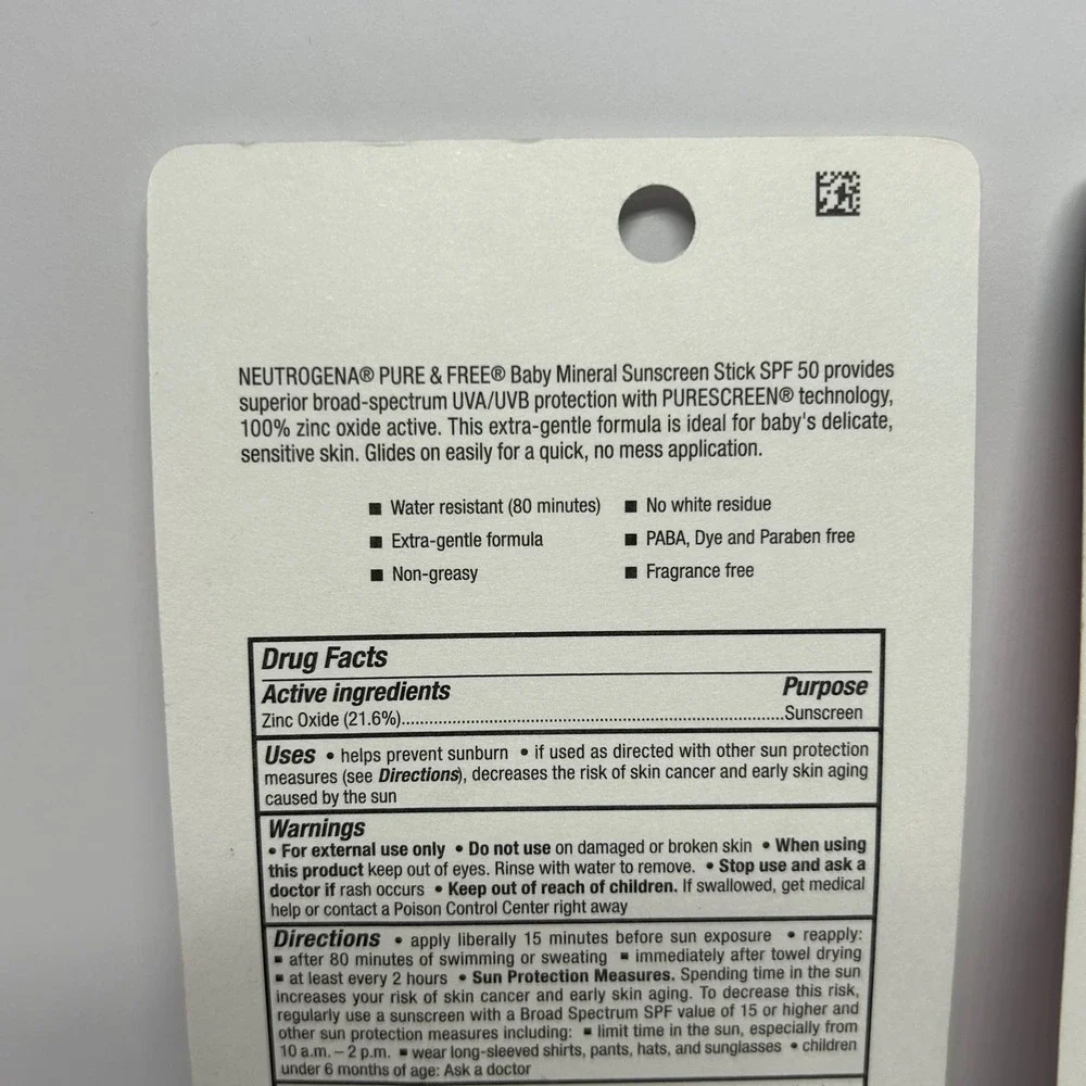 2pk Neutrogena Pure &‎ Free Baby Zinc Oxide Sunscreen Stick SPF 50 0.47oz 13g